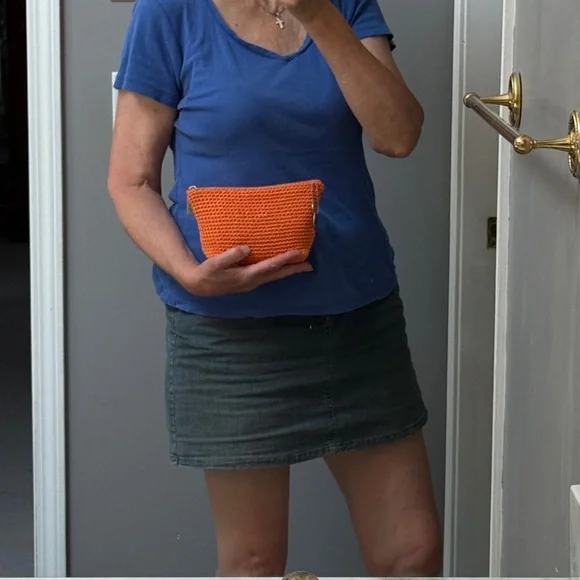 The Sak Bright Orange woven crochet Clutch case cosmetic makeup bag boho purse - Picture 2 of 9